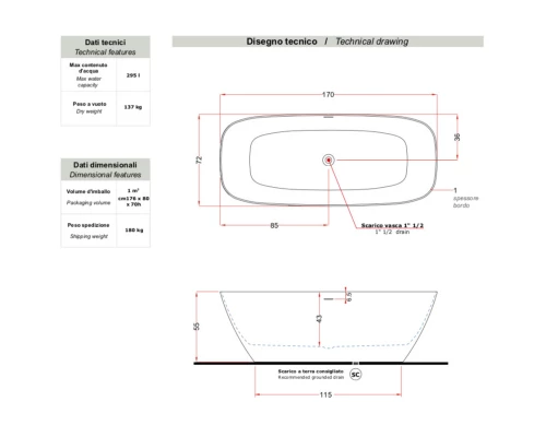 Ванна из литого мрамора 170x72 см Gruppo Treesse Brio V297BO