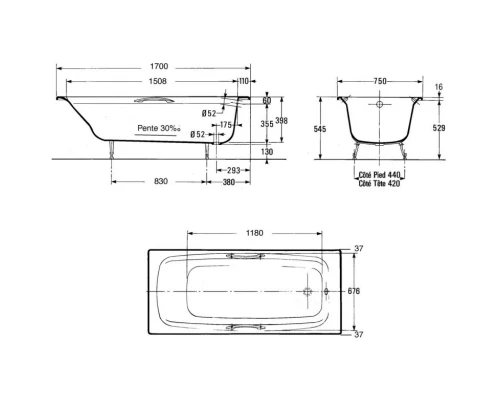 Чугунная ванна 170х75 Jacob Delafon Diapason E2926-00