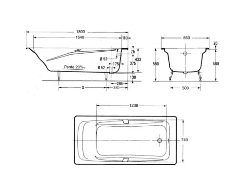 Чугунная ванна 180x85 см без противоскользящего покрытия Jacob Delafon Repos E2904-S-00