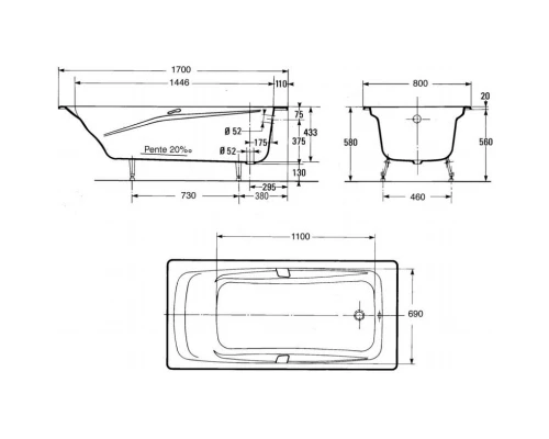 Чугунная ванна 170x80 см без противоскользящего покрытия Jacob Delafon Repos E2918-S-00