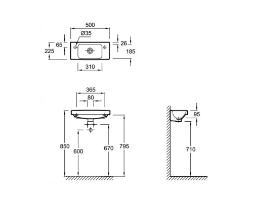 Раковина с отверстием для смесителя слева  50 см Jacob Delafon Odeon Up E4701L-00