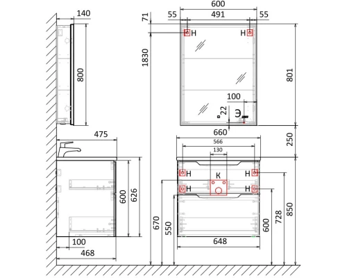 Тумба антрацит 64,8 см Jorno Slide Sli.01.65/P/A