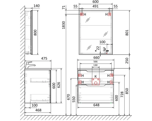 Зеркальный шкаф 60x80,1 см белый Jorno Slide Sli.03.60/W