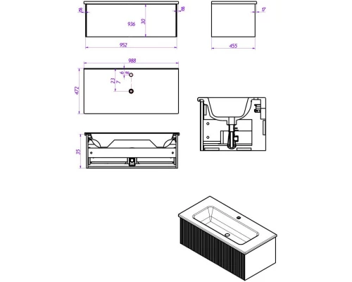 Тумба синий матовый 95,2 см La Fenice Terra FNC-01-TER-BG-100