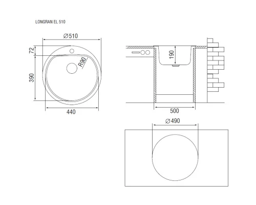 Кухонная мойка декоративная сталь Longran Eclipse ELL510 -GT8P