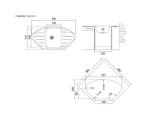 Кухонная мойка декоративная сталь Longran Lotus LTL945.510 -XT8P 2C