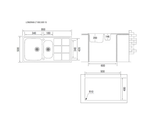 Кухонная мойка декоративная сталь Longran Lotus LTL950.500 15XT8P