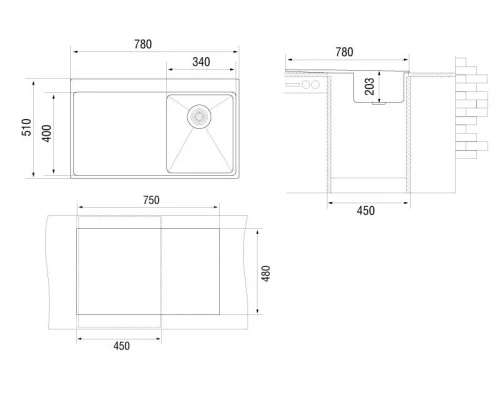 Кухонная мойка полированная сталь Longran Techno TEP780.510 -GT10P 2L