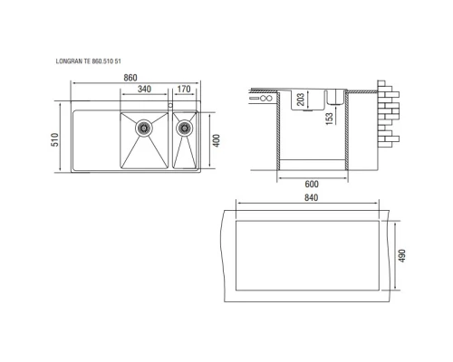 Кухонная мойка полированная сталь Longran Techno TEP860.510 51GT10P 1R