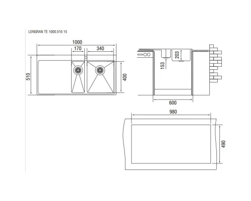 Кухонная мойка полированная сталь Longran Techno TEP1000.510 15GT10P 1R