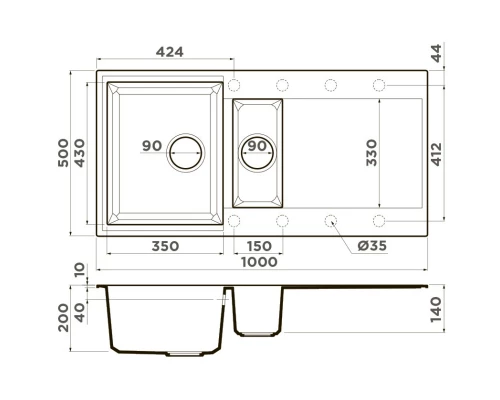 Кухонная мойка Tetogranit Omoikiri Sakaime 100-2-BL черный 4993892