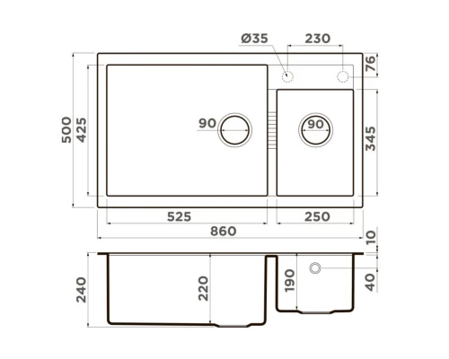 Кухонная мойка Tetogranit Omoikiri Tedori 86-2-LB-GR ленинградский серый 4993573