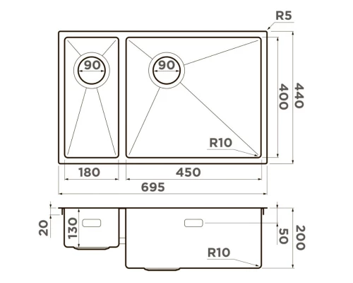 Кухонная мойка Omoikiri Taki 69-2-U/IF-LG-R Side светлое золото 4993184
