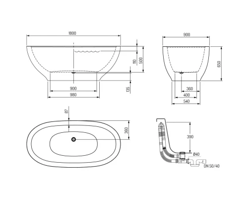 Ванна из материала SilkStone 180x90 см графит PAA Dolce VADOS/0