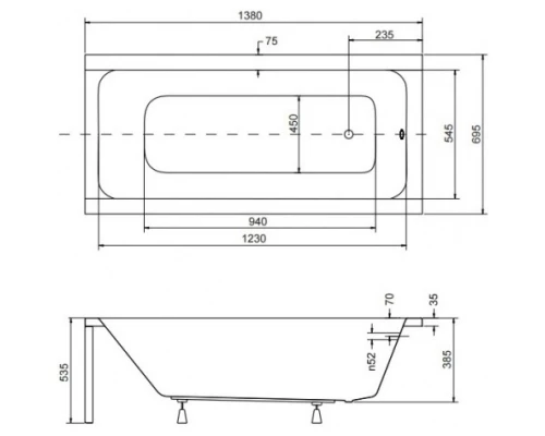 Акриловая ванна 138x69.5 см Besco Modern WAM-140-MO