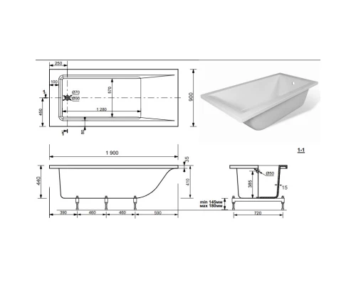 Ванна из литого мрамора 190x90 см Эстет Дельта FP00001684