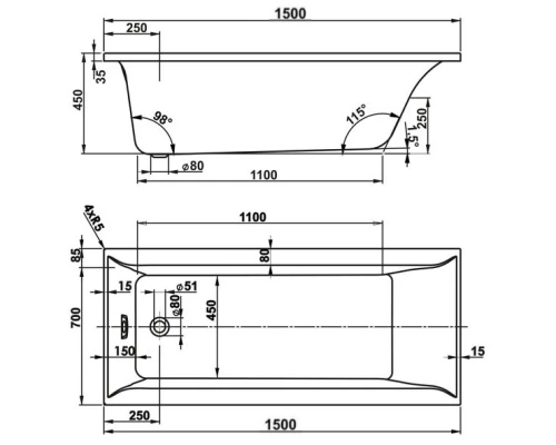 Акриловая ванна 150x70 см Vagnerplast Veronela VPBA157VEA2X-04