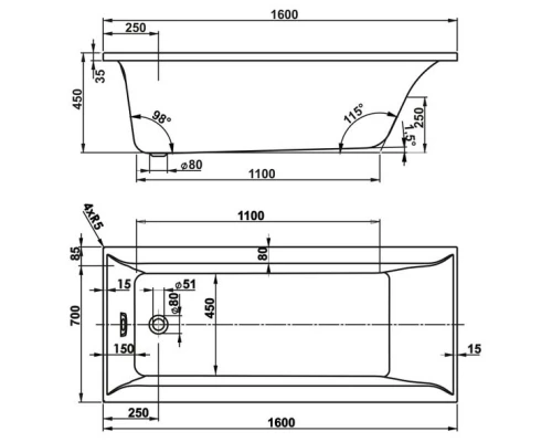 Акриловая ванна 160x70 см Vagnerplast Veronela VPBA167VEA2X-04