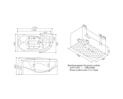 Акриловая гидромассажная ванна 173x88 см SSWW A307LBH608F