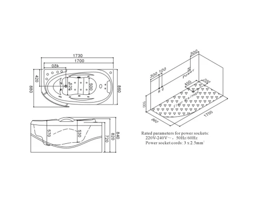Акриловая гидромассажная ванна 173x88 см SSWW A307RBH608F