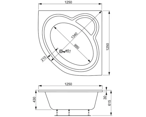 Акриловая ванна 125x125 см Vagnerplast Mini Catalina VPBA125CTM3X-04