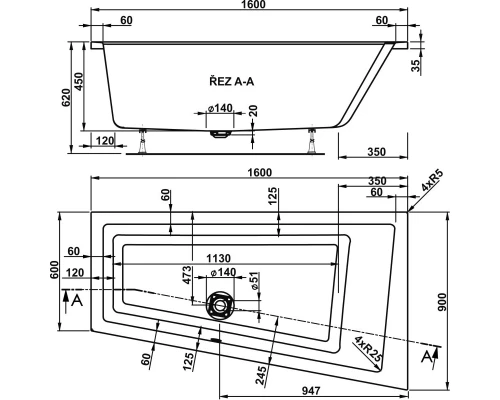 Акриловая ванна 160x90 см L Vagnerplast Cavallo offset VPBA169CAV3LX-04