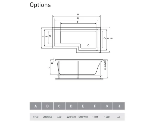 Акриловая ванна 170x85/70 см L Vayer Options GL000011192