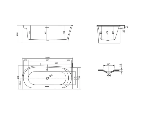 Акриловая ванна 150x78 см Vincea VBT-301-1500L