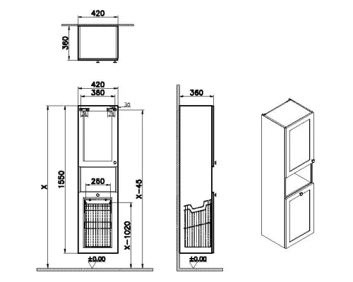 Пенал подвесной серый матовый с бельевой корзиной L VitrA Root Classic 68519