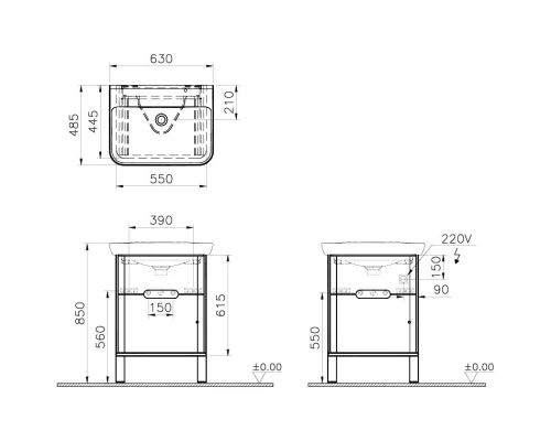 Тумба с раковиной антрацит матовый/дуб 63 см Vitra Sento 60834
