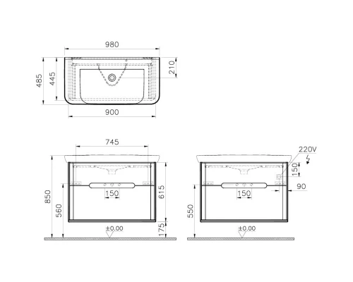 Тумба с раковиной антрацит матовый/дуб 98 см VitrA Sento 60838