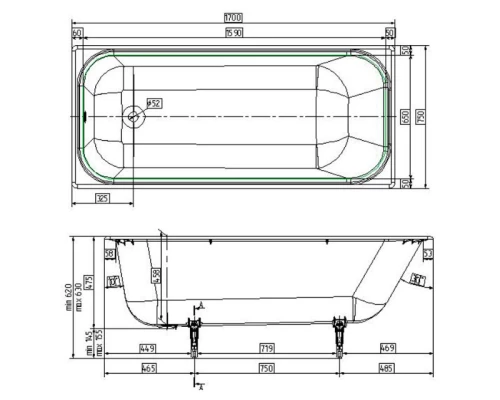 Чугунная ванна 170x75 см Wotte Start 1700x750