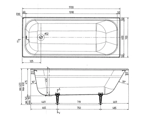 Чугунная ванна 170x70 см Wotte Start 1700x700