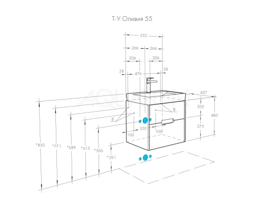 Тумба грей/дуб ойстер 53,2 см Акватон Оливия 1A254201OLUG0