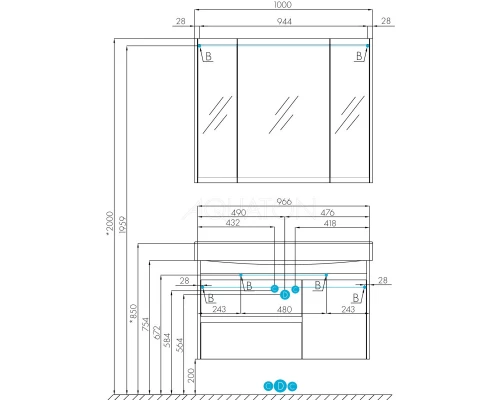 Комплект мебели белый глянец/дуб эндгрейн 100 см Акватон Нортон 1A249001NT010 + 1WH302502 + 1A249302NT010