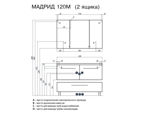Тумба Мадрид 120 М 2 ящика черный глянец Акватон 1A170301MA950