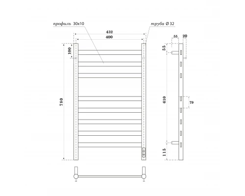 Полотенцесушитель электрический APEXTERMO Сфера SF10184BM 800x400 с крючками, черный матовый