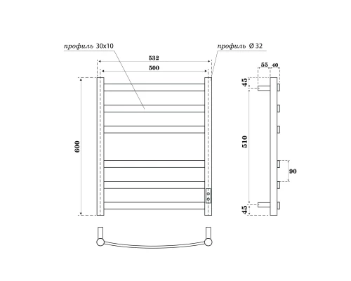 Полотенцесушитель электрический APEXTERMO Умбра UM00165BM 600x500, черный матовый