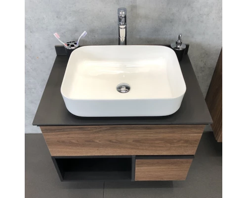 COMFORTY. Тумба-умывальник "Штутгарт-75" дуб тёмно-коричневый с черной столешницей c раковиной COMFORTY T-Y9378