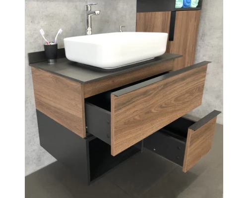 COMFORTY. Тумба-умывальник "Штутгарт-75" дуб тёмно-коричневый с черной столешницей c раковиной COMFORTY T-Y9378