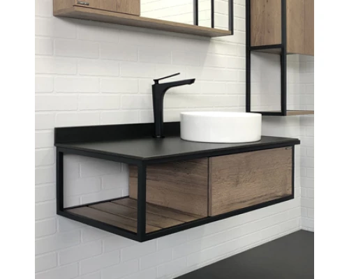 Тумба-умывальник "Лиссабон-95" дуб темный с правой черной столешницей с раковиной COMFORTY 9111