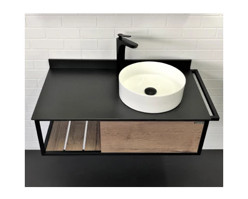 Тумба-умывальник "Лиссабон-95" дуб темный с правой черной столешницей с раковиной COMFORTY 9111