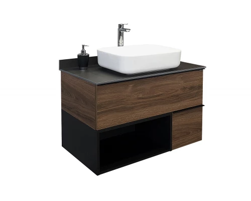 COMFORTY. Тумба-умывальник "Штутгарт-90" дуб тёмно-коричневый с черной столешницей c раковиной COMFORTY T-Y9378