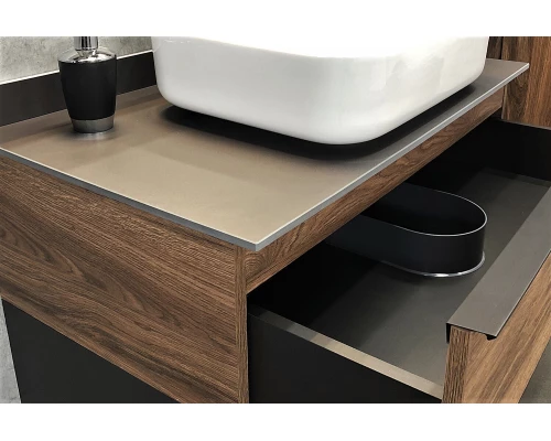COMFORTY. Тумба-умывальник "Штутгарт-90" дуб тёмно-коричневый с черной столешницей c раковиной COMFORTY T-Y9378