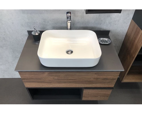 COMFORTY. Тумба-умывальник "Штутгарт-90" дуб тёмно-коричневый с черной столешницей c раковиной COMFORTY T-Y9378