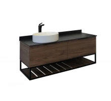 COMFORTY. Тумба-умывальник "Порто-120-1" дуб тёмно-коричневый с черной столешницей c раковиной COMFORTY 9110