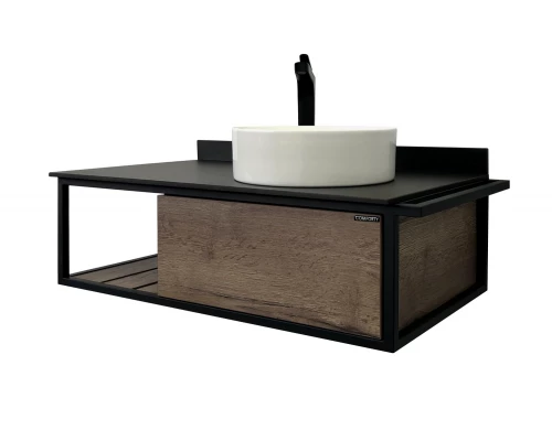 Тумба-умывальник "Лиссабон-95" дуб темный с правой черной столешницей с раковиной COMFORTY 9111