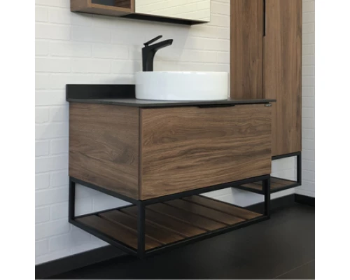 COMFORTY. Тумба-умывальник "Порто-75" дуб тёмно-коричневый с черной столешницей c раковиной COMFORTY 9110