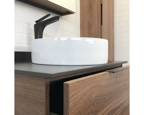 COMFORTY. Тумба-умывальник "Порто-75" дуб тёмно-коричневый с черной столешницей c раковиной COMFORTY 9110