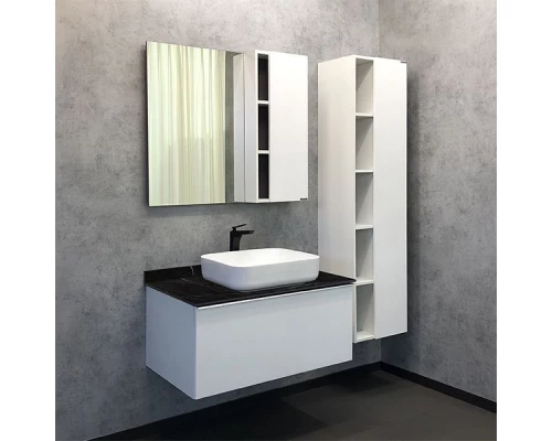 COMFORTY. Тумба-умывальник "Милан-90" белый глянец со столешницей под мрамор Калакатта Блэк с раковиной COMFORTY T-Y9378